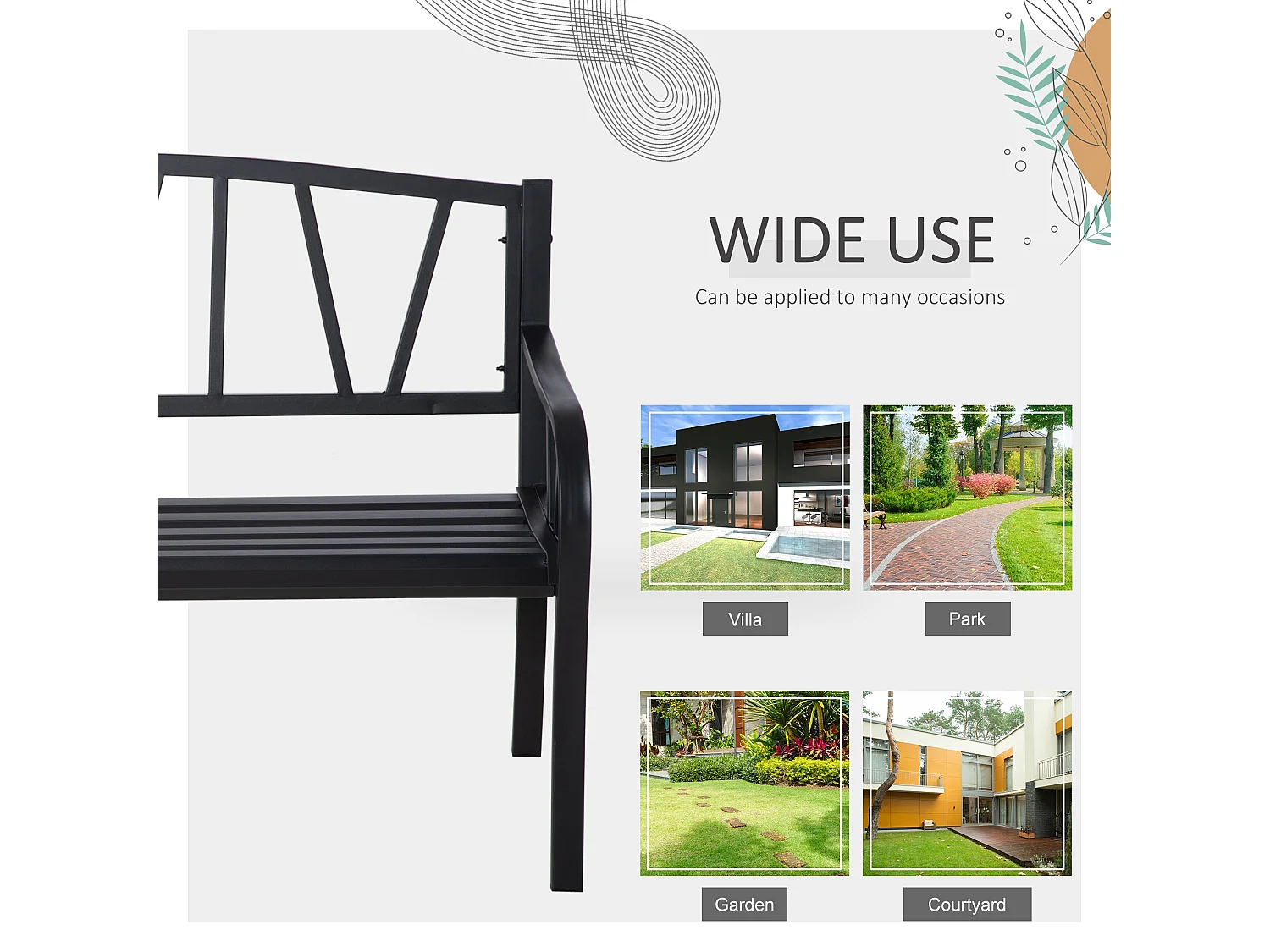 Lenasu Black Metal 2 Seater Garden Bench with Decorative Backrest and Armrests