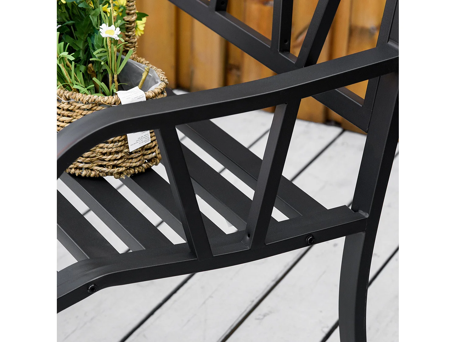 Lenasu Black Metal 2 Seater Garden Bench with Decorative Backrest and Armrests