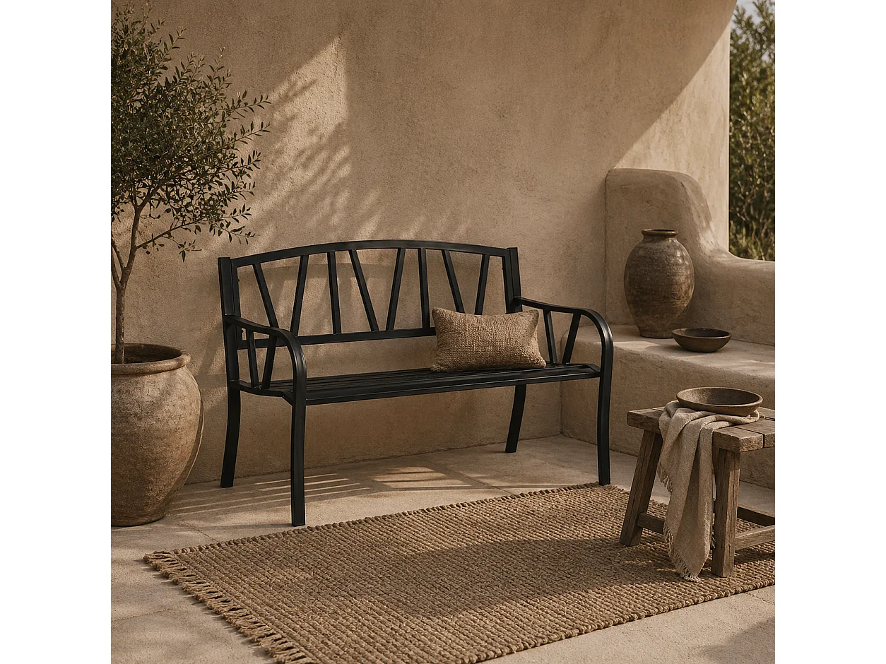 Lenasu Black Metal 2 Seater Garden Bench with Decorative Backrest and Armrests