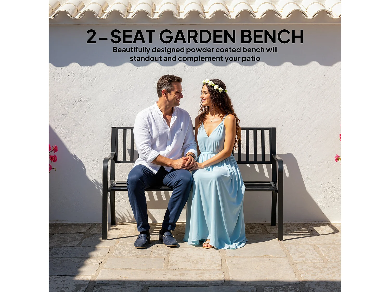 Dosu Black Metal Outdoor Garden Bench Loveseat 2 Seater Slatted Frame