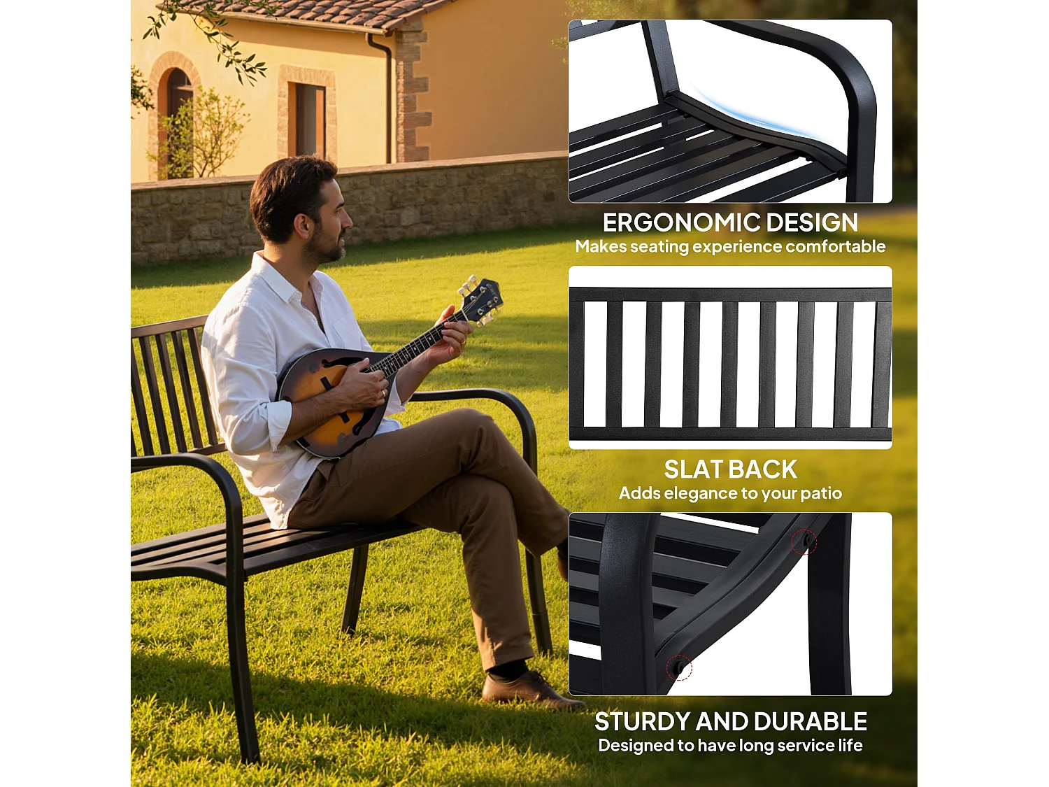 Dosu Black Metal Outdoor Garden Bench Loveseat 2 Seater Slatted Frame