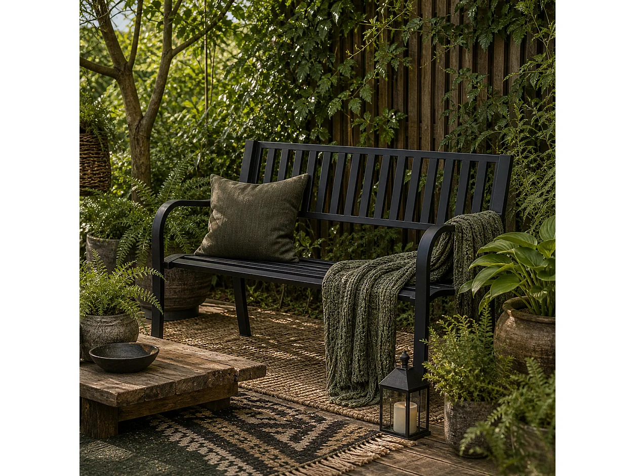 Dosu Black Metal Outdoor Garden Bench Loveseat 2 Seater Slatted Frame