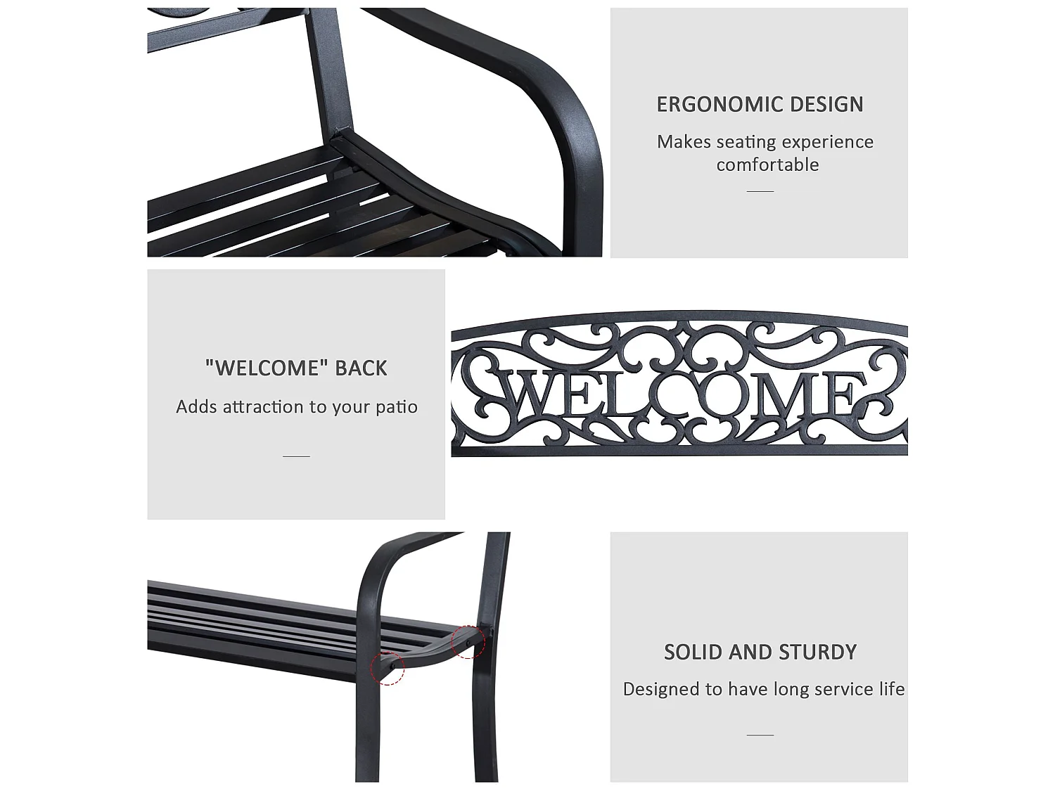 Rolare 126cm Black Steel Two Seater Outdoor Bench