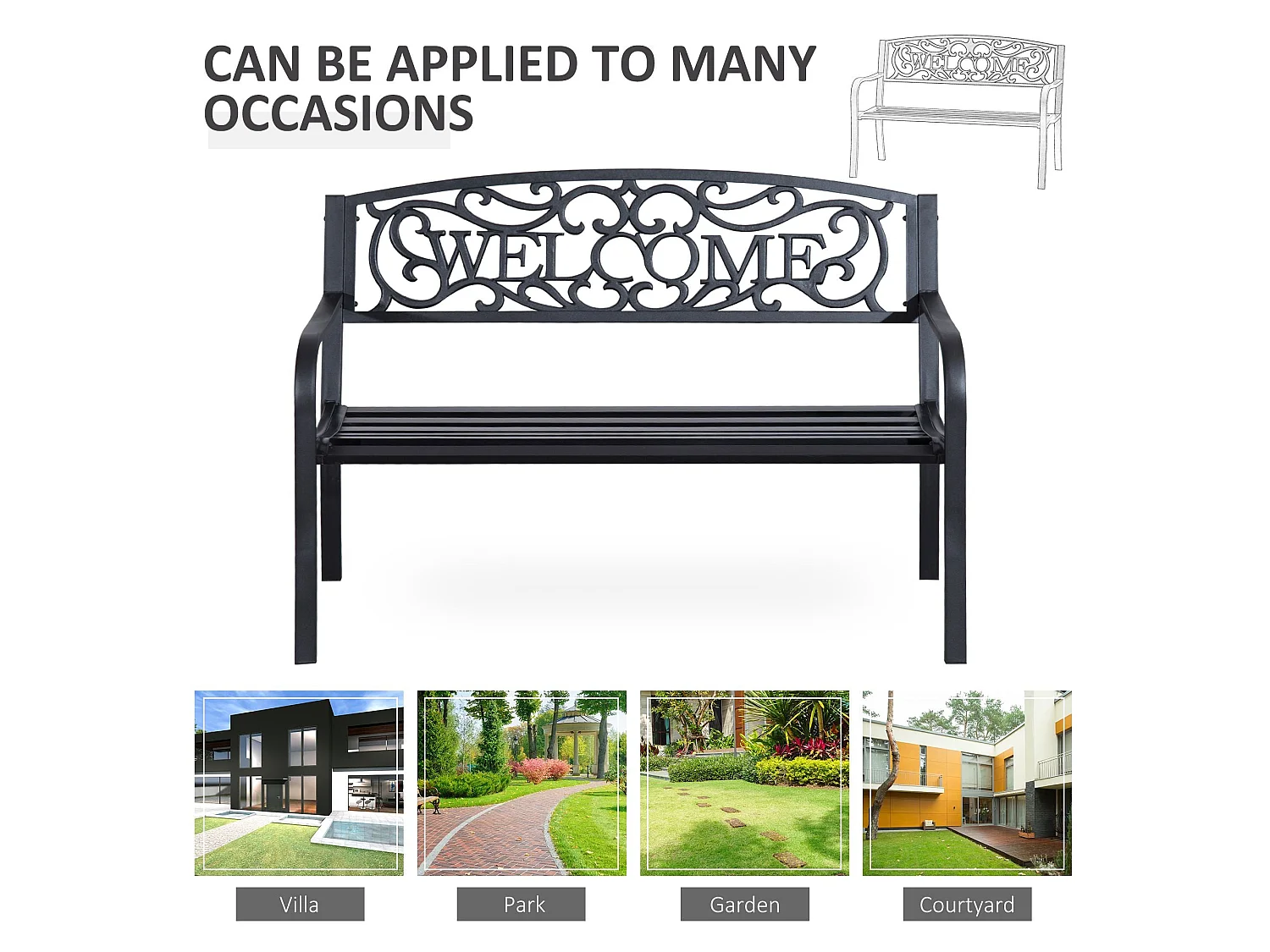 Rolare 126cm Black Steel Two Seater Outdoor Bench
