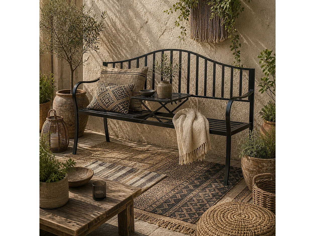 Metal Garden Bench with Integrated Centre Table 150cm Black