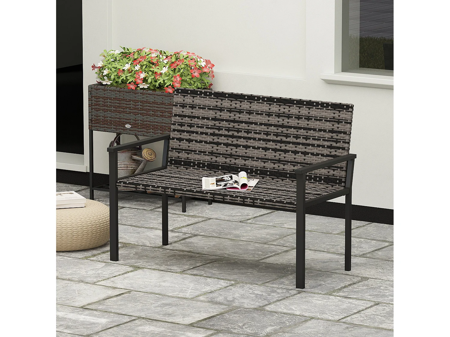 Batare 2 Seater Rattan Garden Bench with Armrests Grey