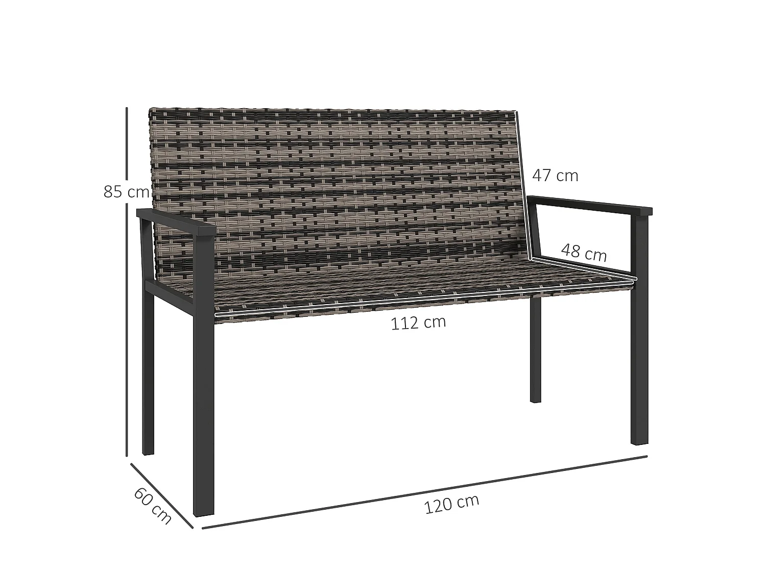 Batare 2 Seater Rattan Garden Bench with Armrests Grey