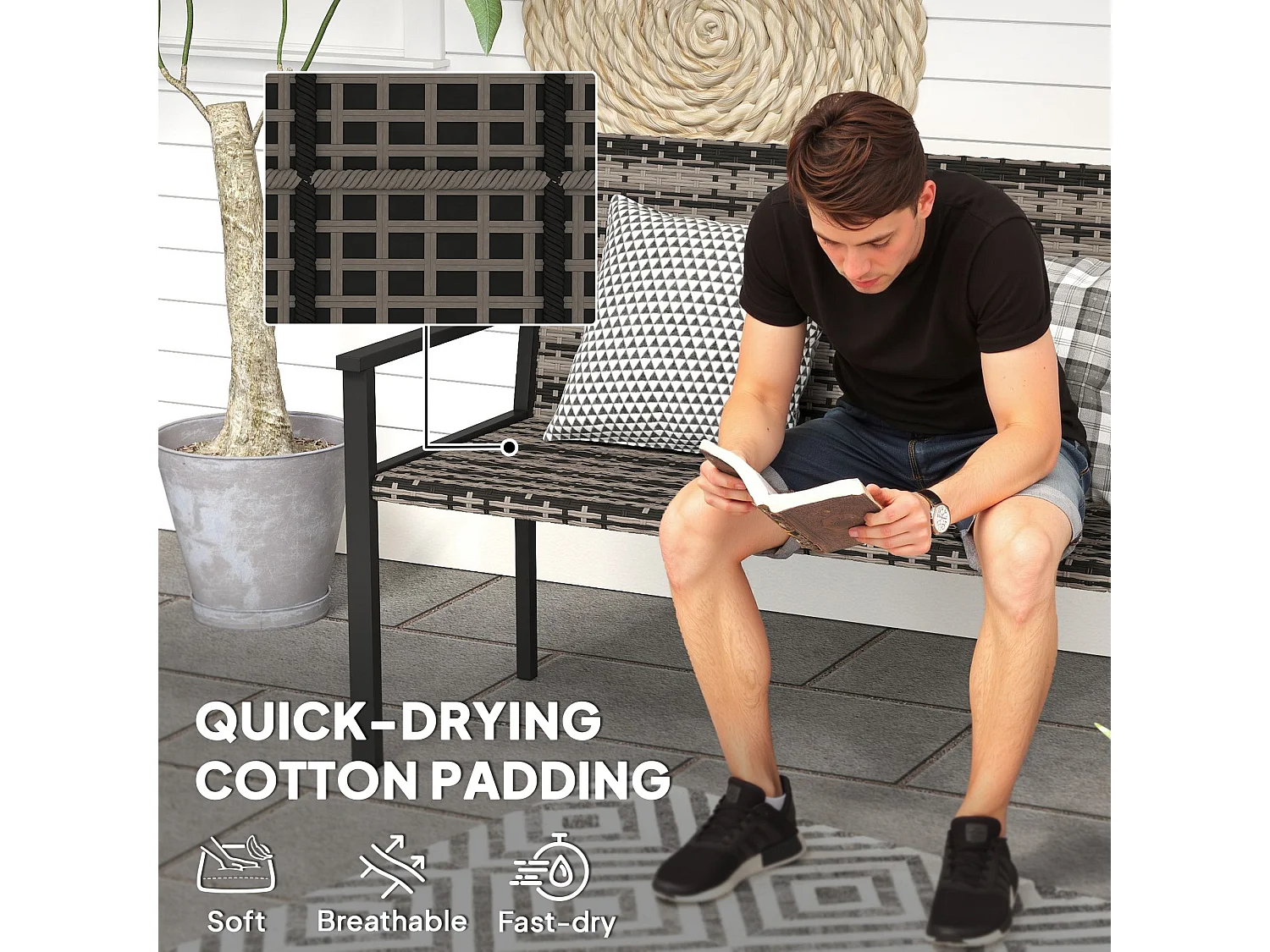 Batare 2 Seater Rattan Garden Bench with Armrests Grey