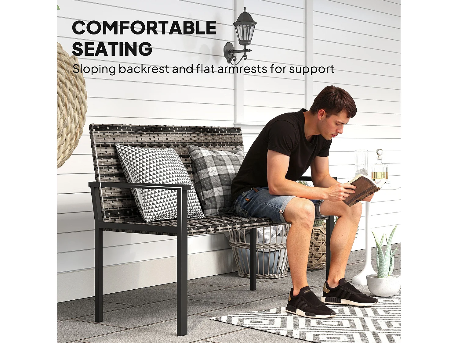 Batare 2 Seater Rattan Garden Bench with Armrests Grey