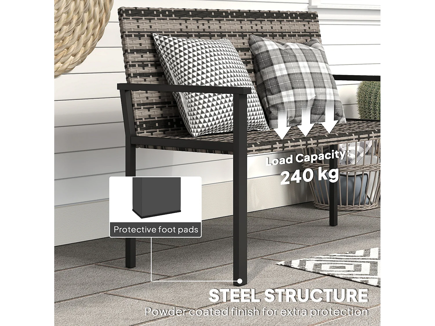 Batare 2 Seater Rattan Garden Bench with Armrests Grey