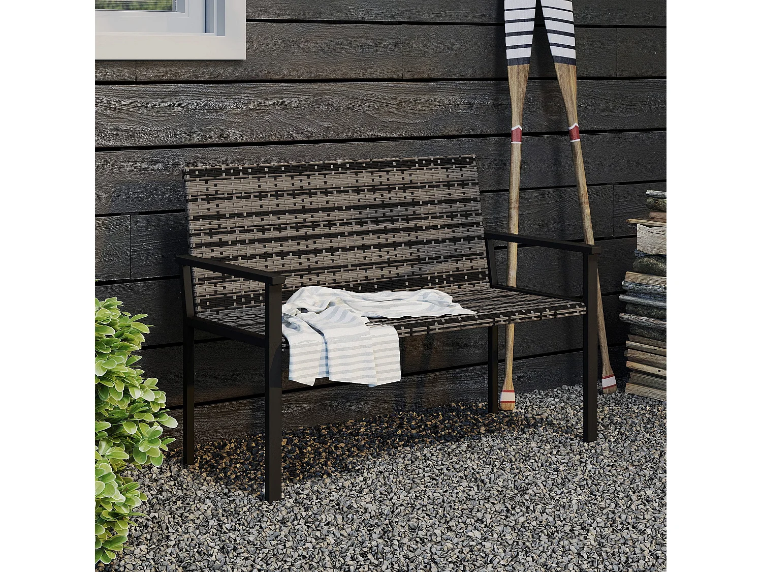 Batare 2 Seater Rattan Garden Bench with Armrests Grey