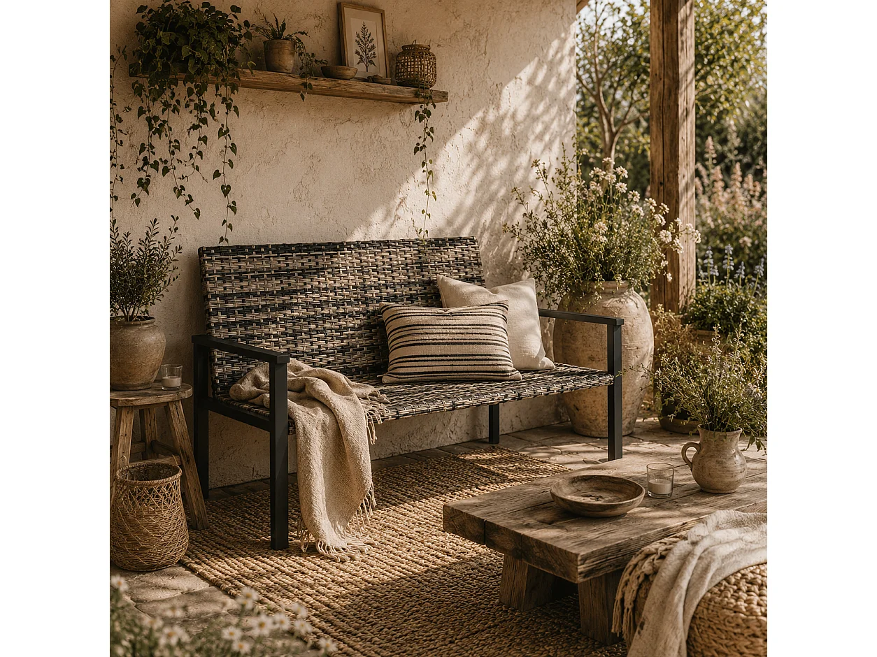 Batare 2 Seater Rattan Garden Bench with Armrests Grey
