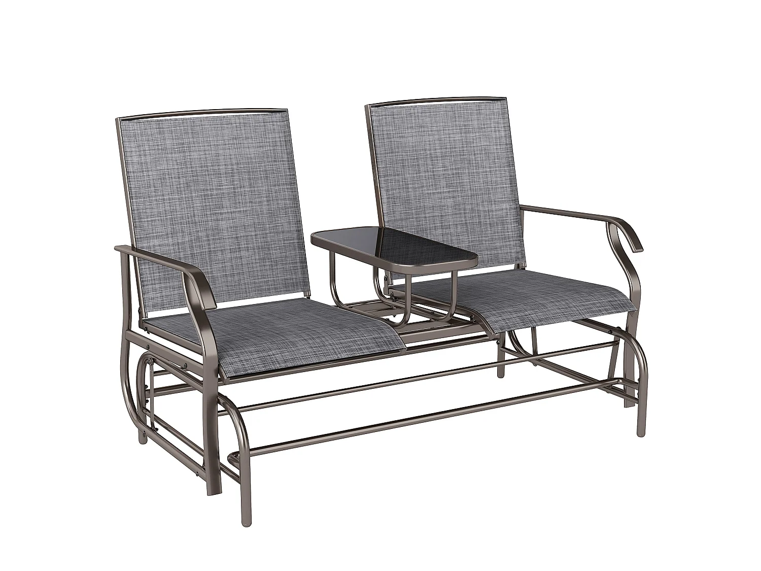 Mukatti 2 Seater Brown and Grey Garden Glider Bench with Glass Top Centre Table