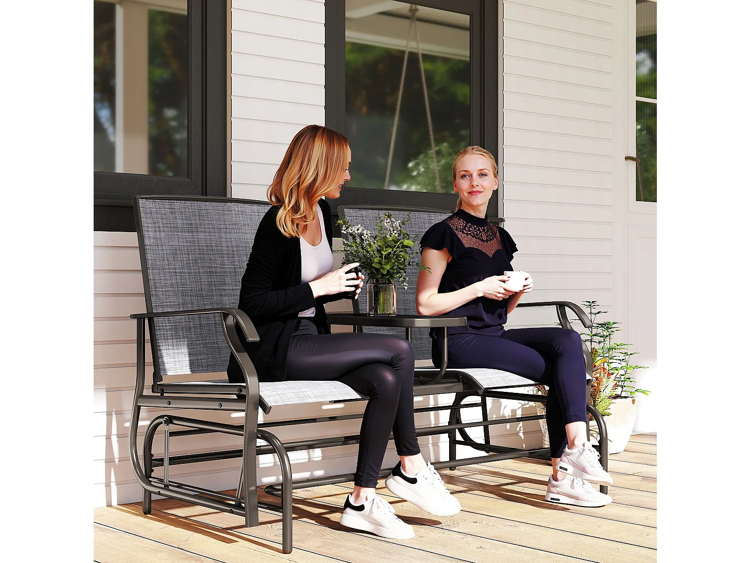 Mukatti 2 Seater Brown and Grey Garden Glider Bench with Glass Top Centre Table