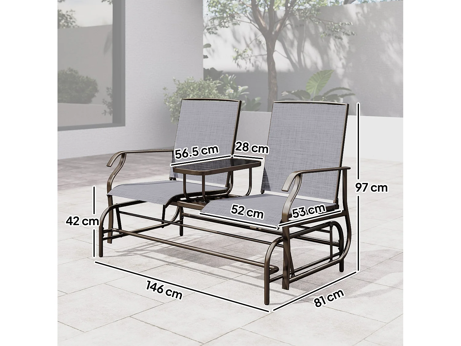 Mukatti 2 Seater Brown and Grey Garden Glider Bench with Glass Top Centre Table