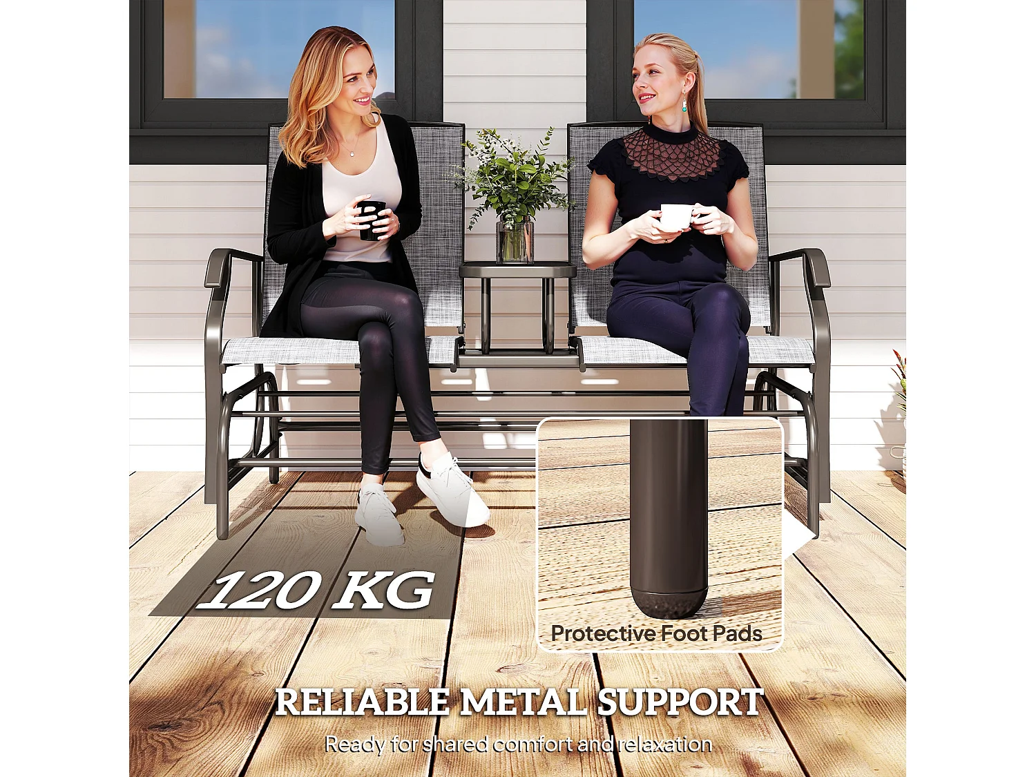 Mukatti 2 Seater Brown and Grey Garden Glider Bench with Glass Top Centre Table