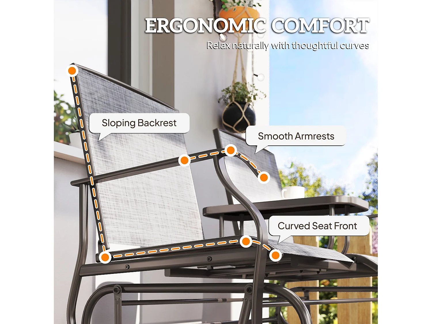Mukatti 2 Seater Brown and Grey Garden Glider Bench with Glass Top Centre Table