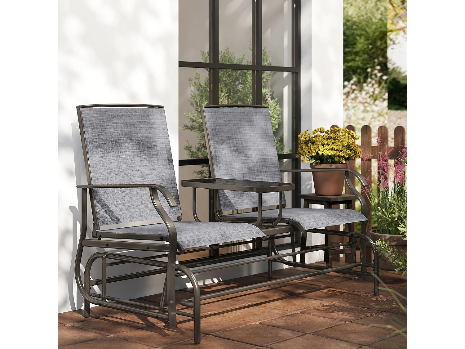 Mukatti 2 Seater Brown and Grey Garden Glider Bench with Glass Top Centre Table