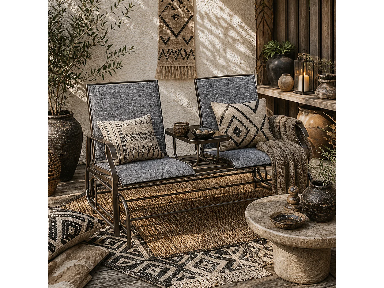 Mukatti 2 Seater Brown and Grey Garden Glider Bench with Glass Top Centre Table