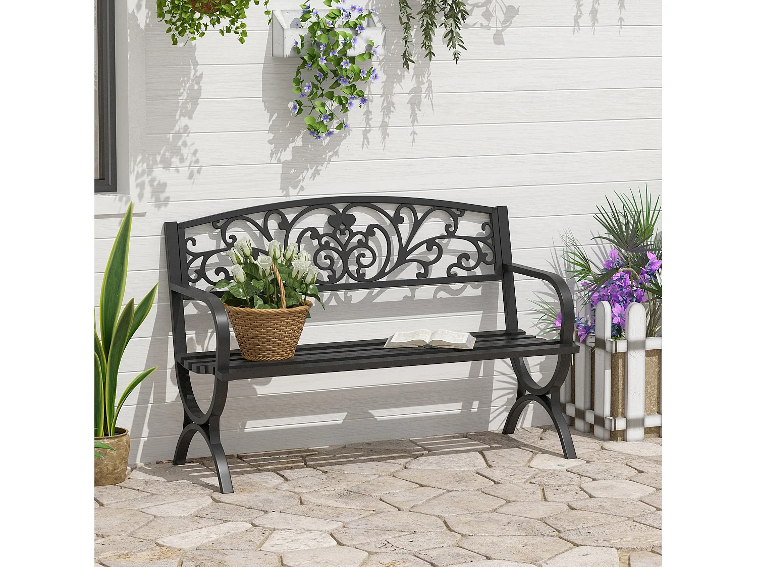 Yota Nile 127cm Powder Coated Steel Garden Bench Black