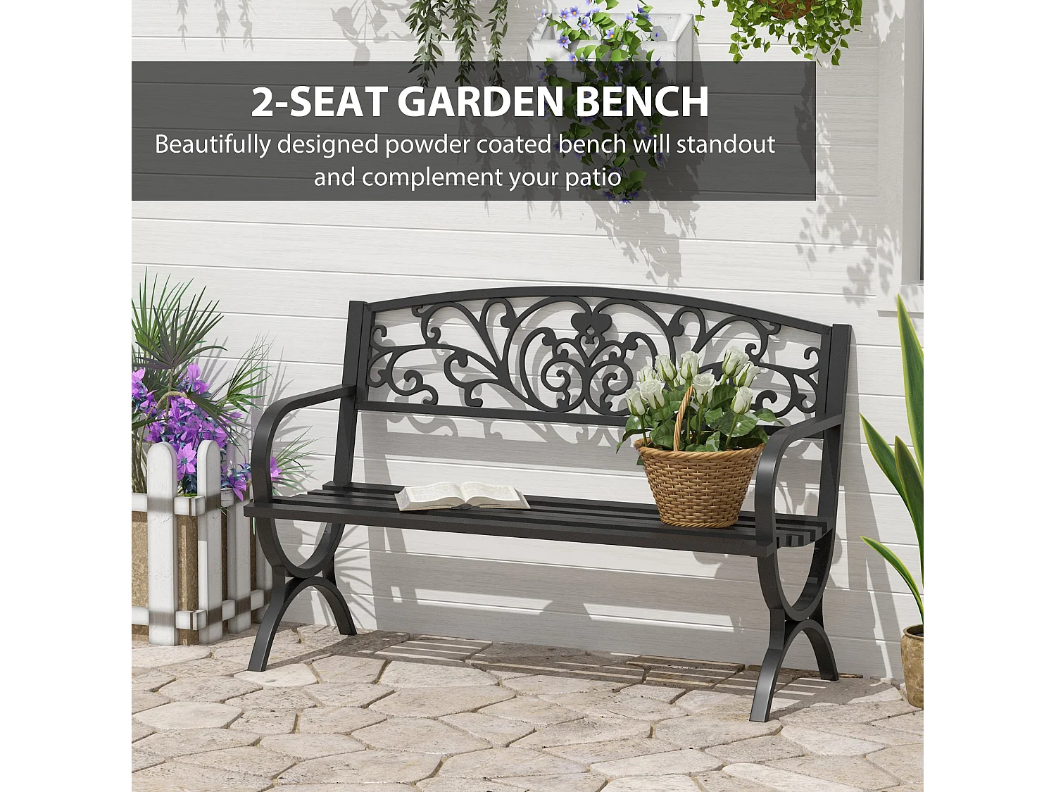 Yota Nile 127cm Powder Coated Steel Garden Bench Black