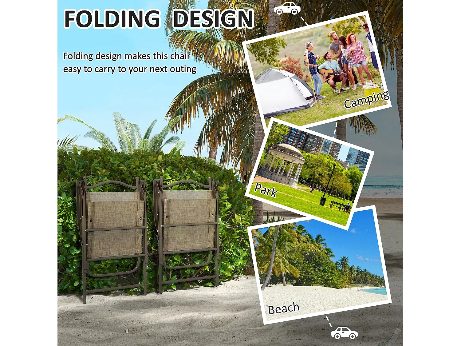 Hazivi Set of 2 Cream Mesh and Brown Metal Folding Garden Chairs