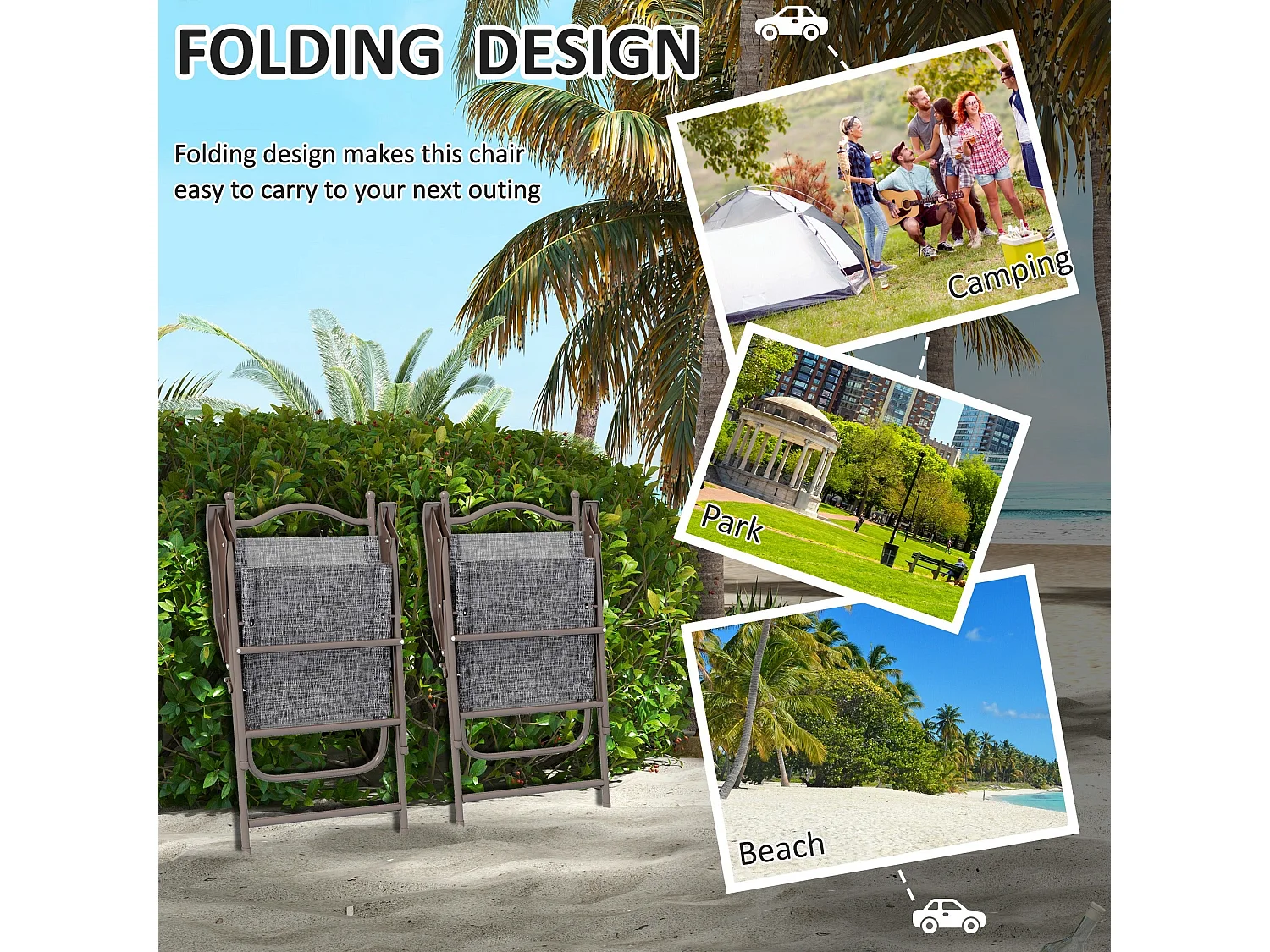 Set of 2 Grey Folding Garden Chairs Metal Frame Mesh Seats