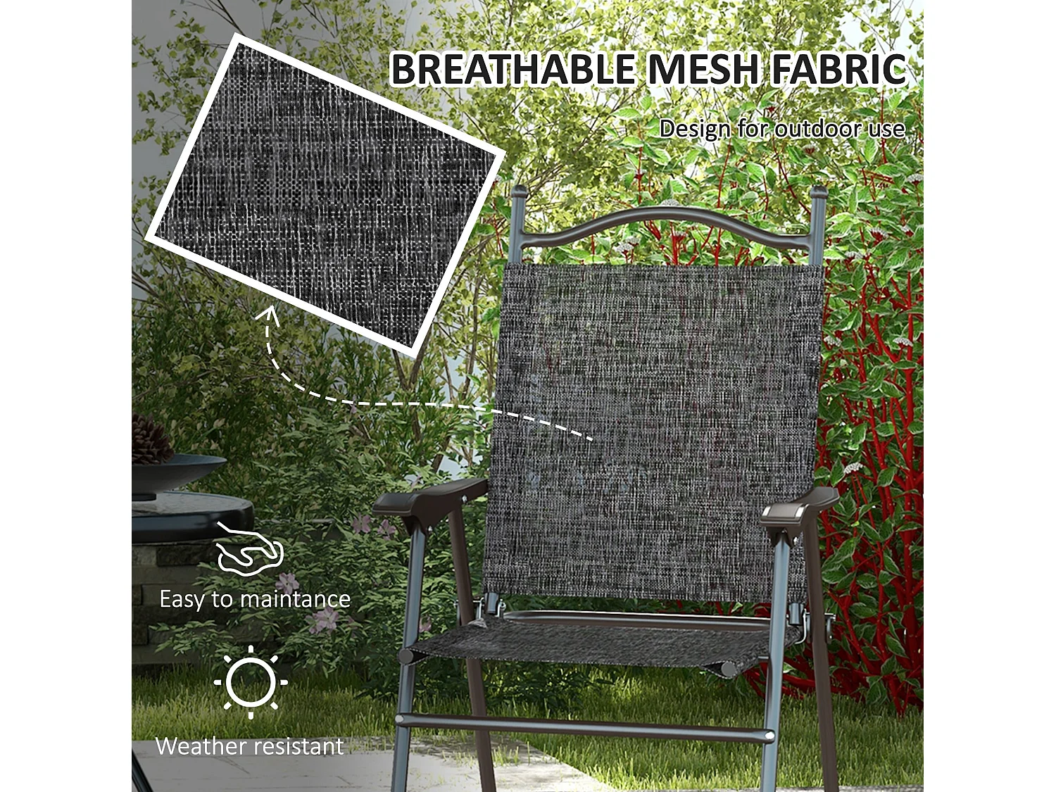 Set of 2 Grey Folding Garden Chairs Metal Frame Mesh Seats