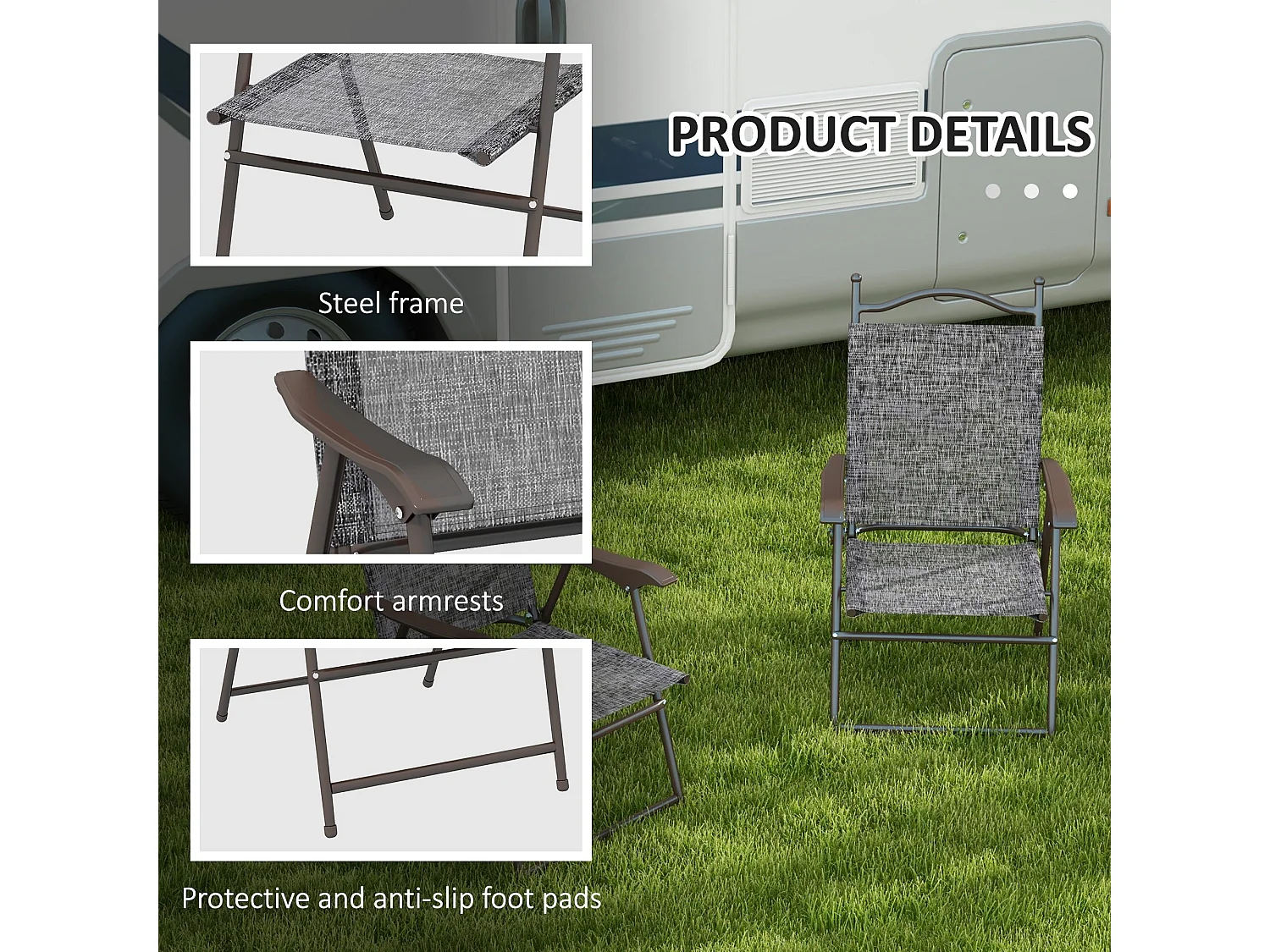 Set of 2 Grey Folding Garden Chairs Metal Frame Mesh Seats
