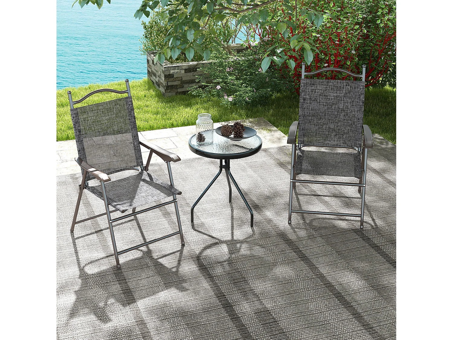 Set of 2 Grey Folding Garden Chairs Metal Frame Mesh Seats
