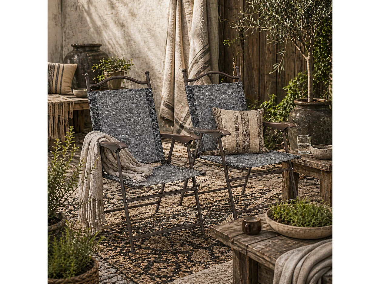 Set of 2 Grey Folding Garden Chairs Metal Frame Mesh Seats