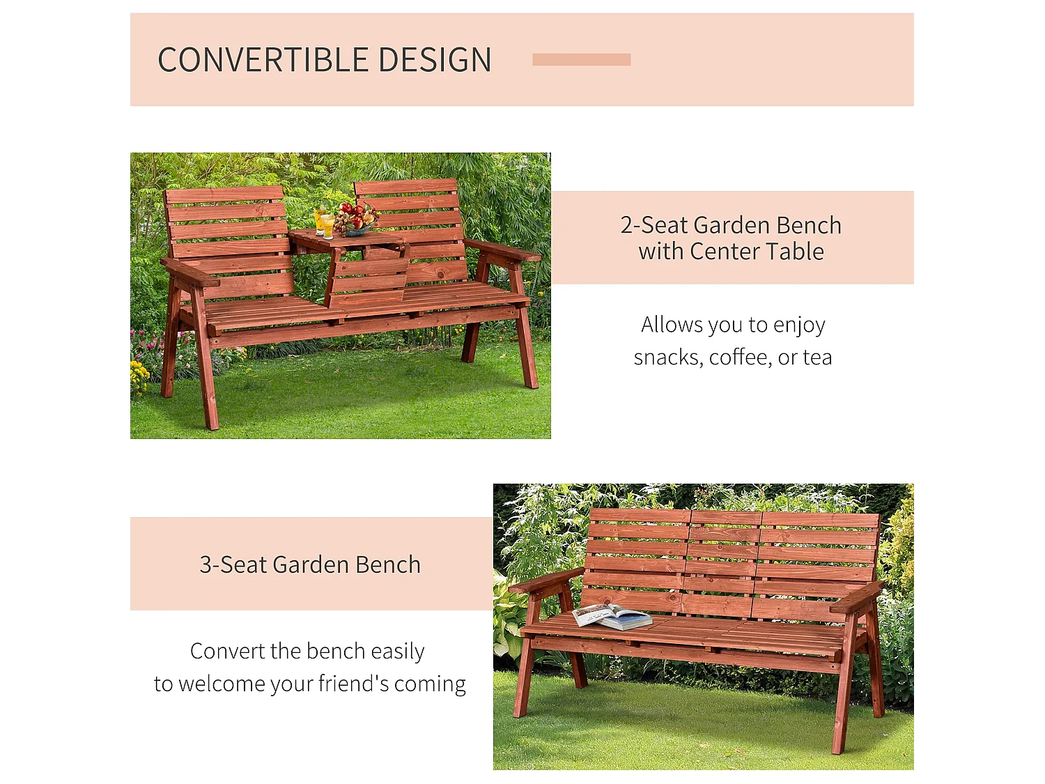 Marutta Fir Wood Convertible Garden Bench Expands 2 to 3 Seats