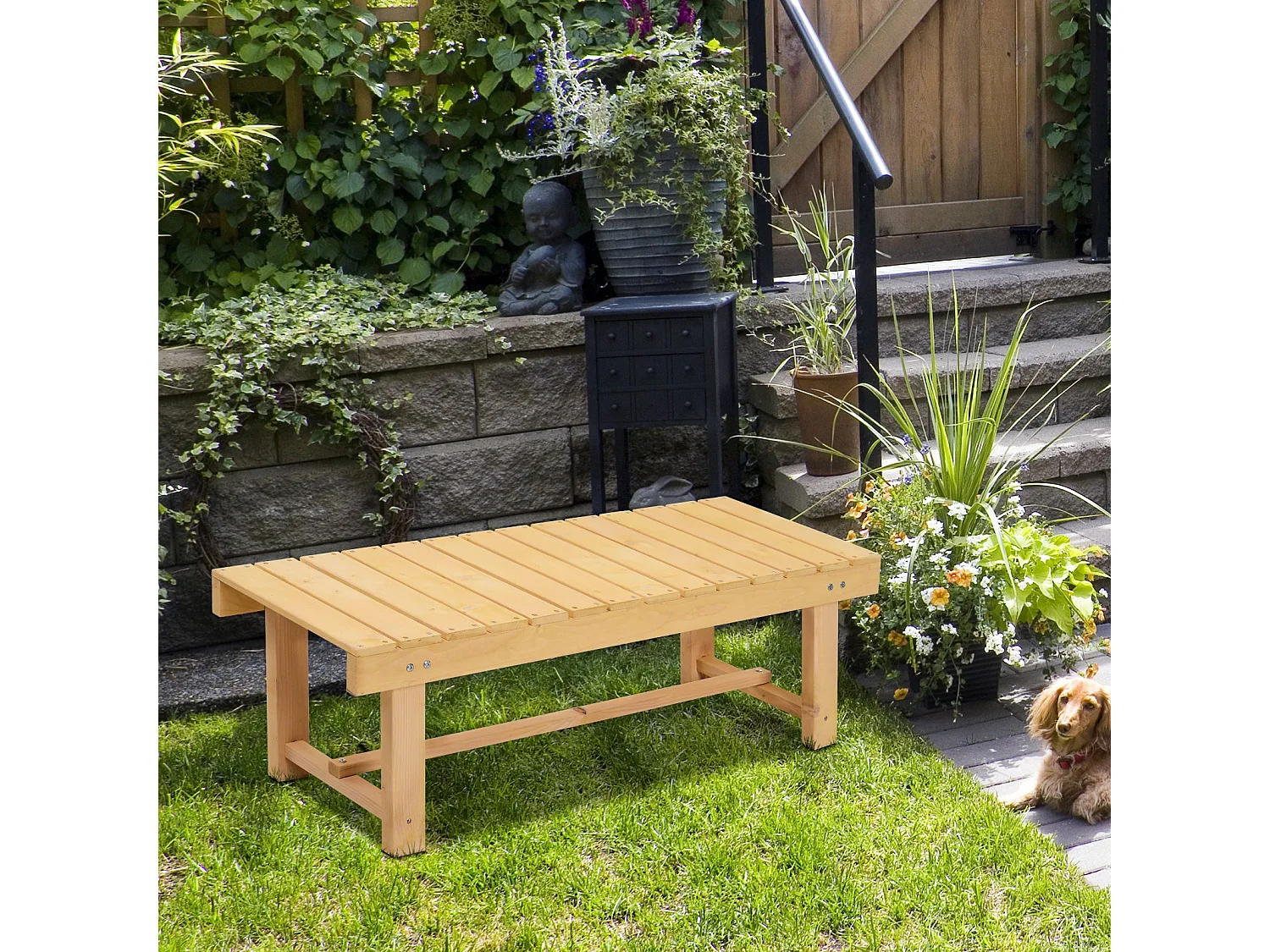 Liveba 110cm Fir Wood Natural Backless 2 Seater Garden Bench Set Slatted Seats