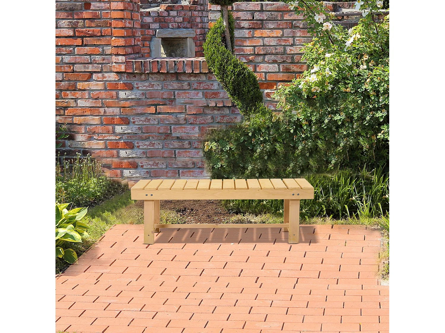 Liveba 110cm Fir Wood Natural Backless 2 Seater Garden Bench Set Slatted Seats