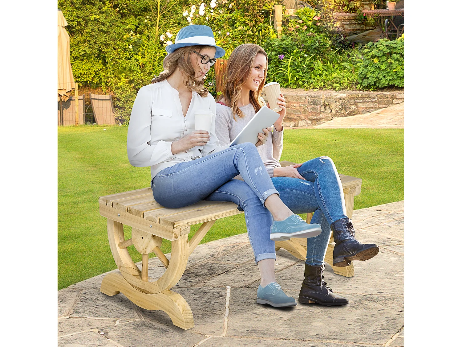 Bave Pana Rustic 2 Seater Garden Bench with Wagon Wheel Legs and Slatted Seat