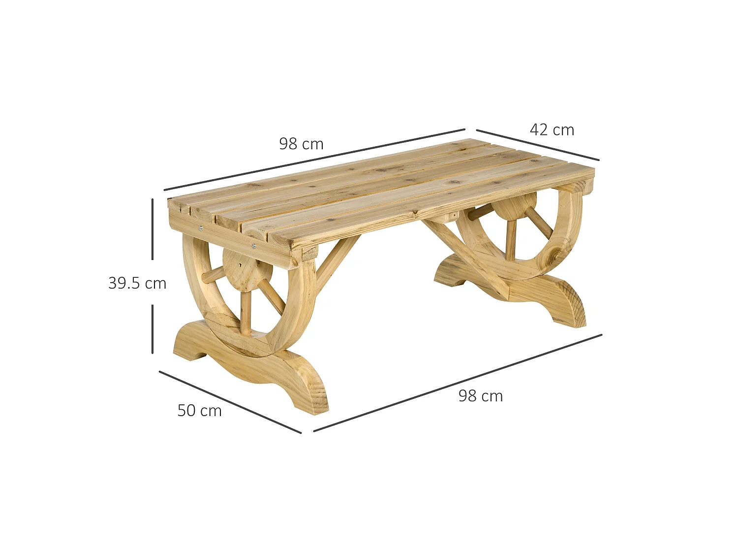 Bave Pana Rustic 2 Seater Garden Bench with Wagon Wheel Legs and Slatted Seat