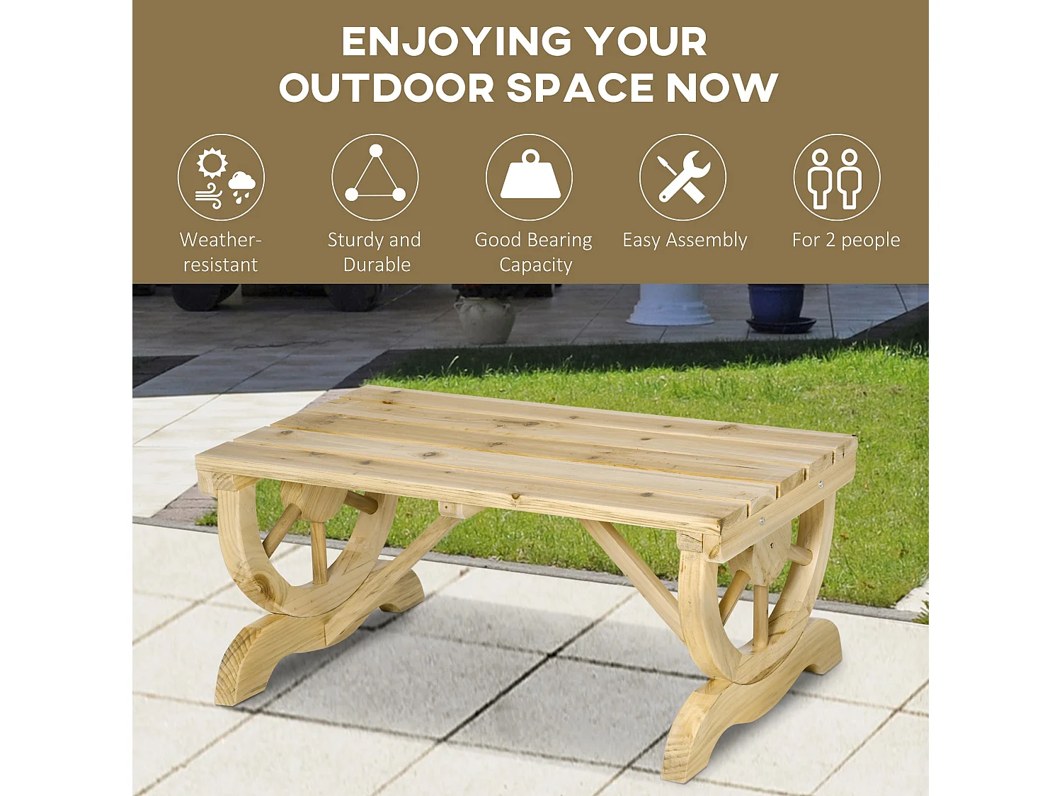 Bave Pana Rustic 2 Seater Garden Bench with Wagon Wheel Legs and Slatted Seat
