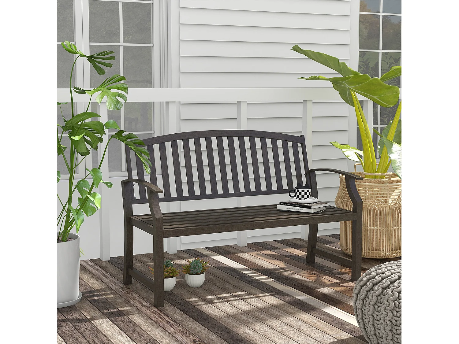 Lilu Metal 2 Seater Outdoor Garden Bench Brown Slatted Frame