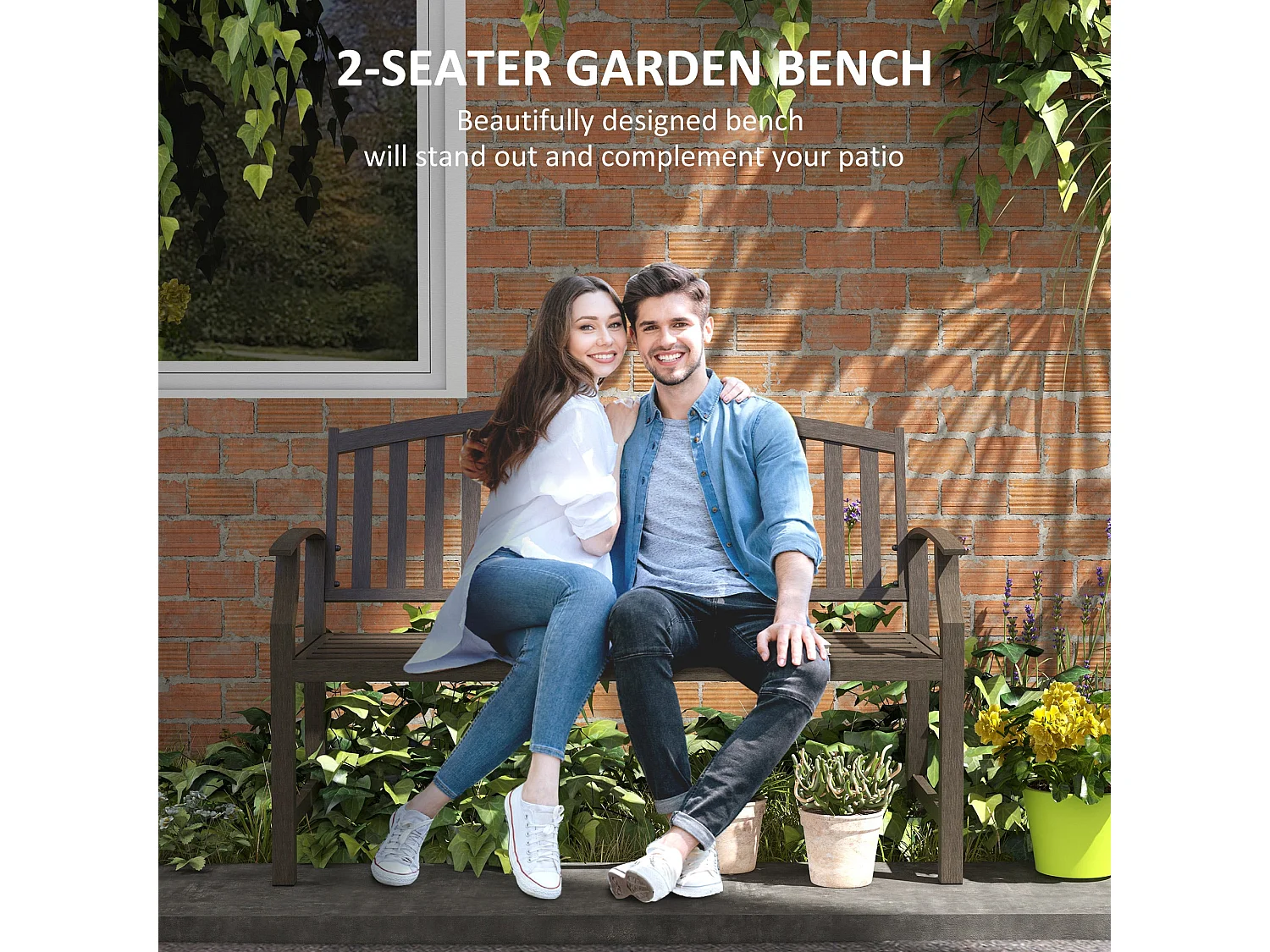 Lilu Metal 2 Seater Outdoor Garden Bench Brown Slatted Frame
