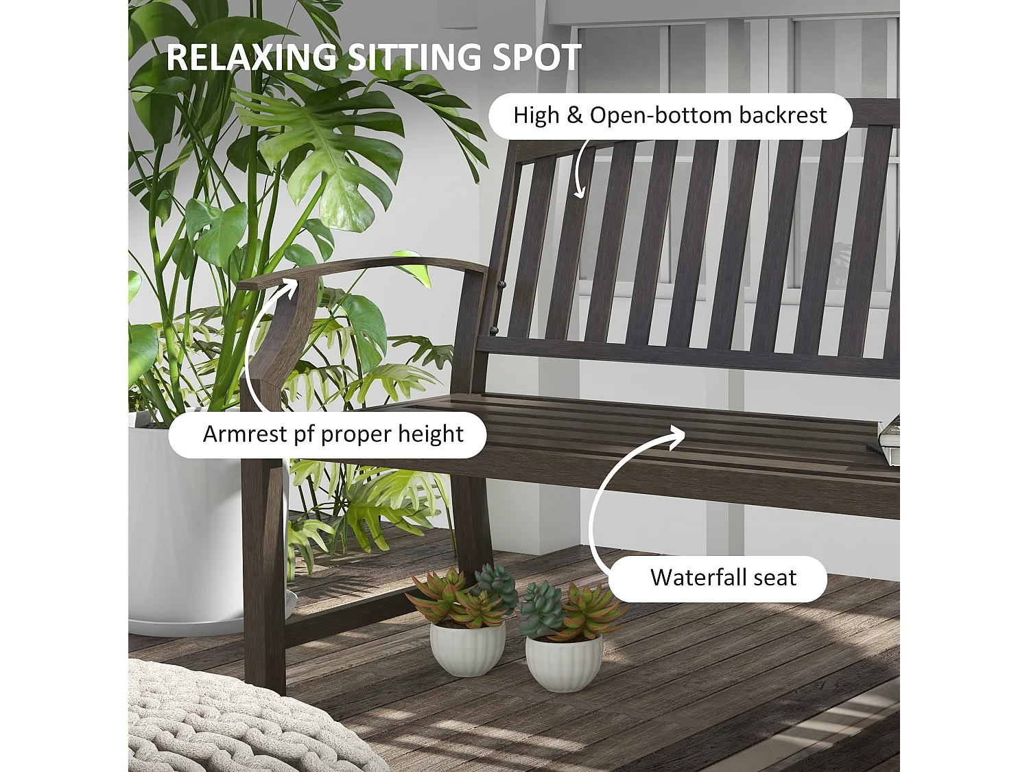 Lilu Metal 2 Seater Outdoor Garden Bench Brown Slatted Frame