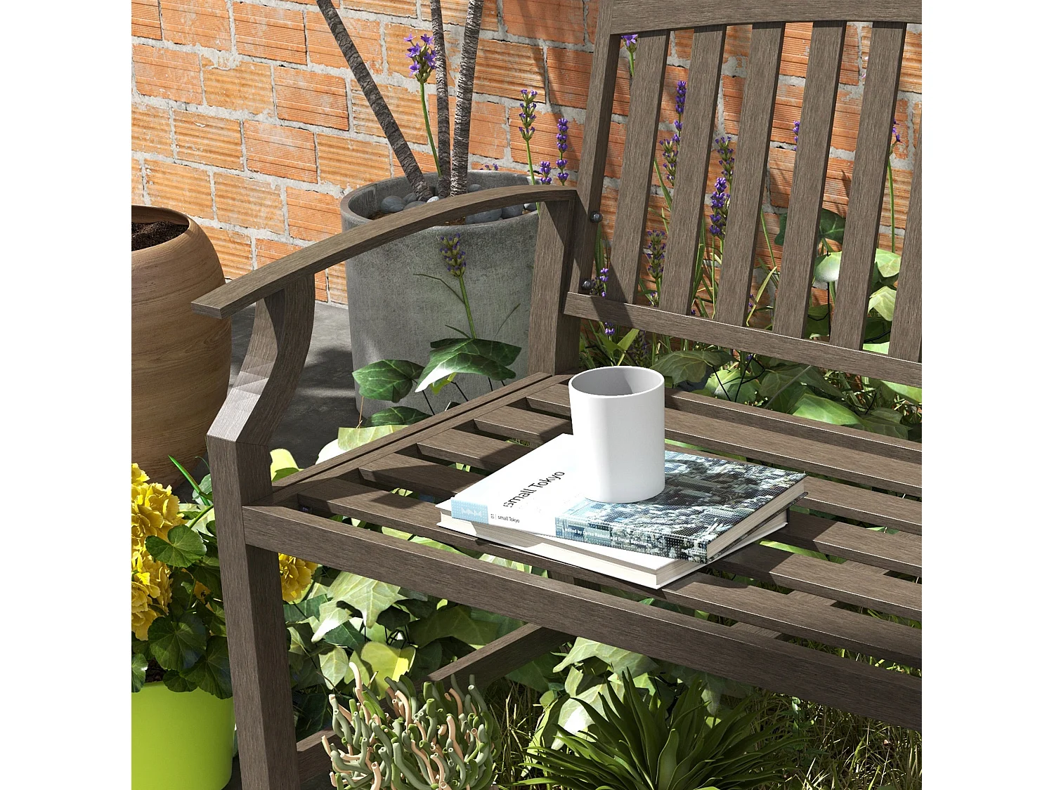 Lilu Metal 2 Seater Outdoor Garden Bench Brown Slatted Frame