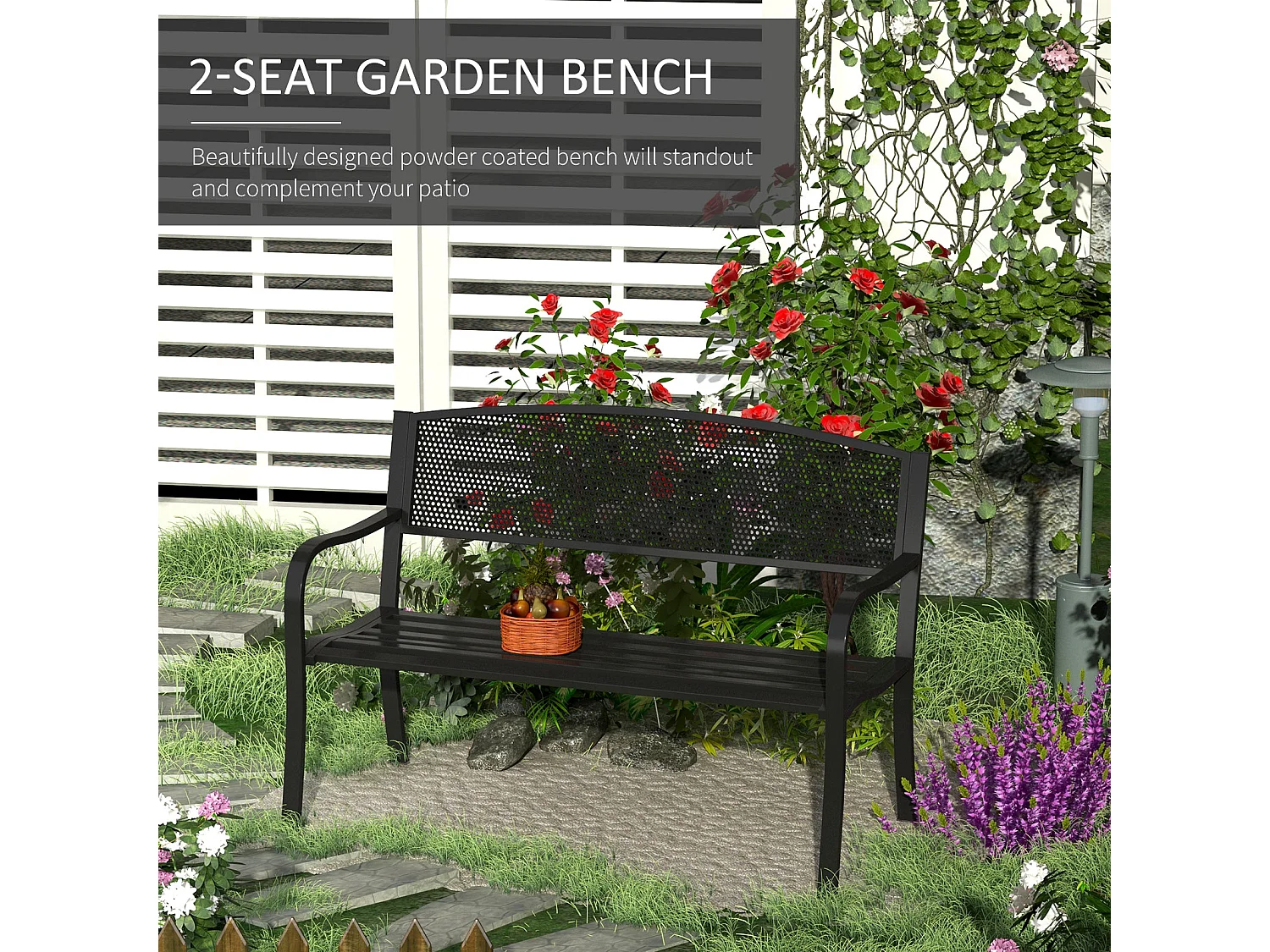 Zirila 2 Seater Steel Outdoor Garden Bench Black Mesh Antique Inspired