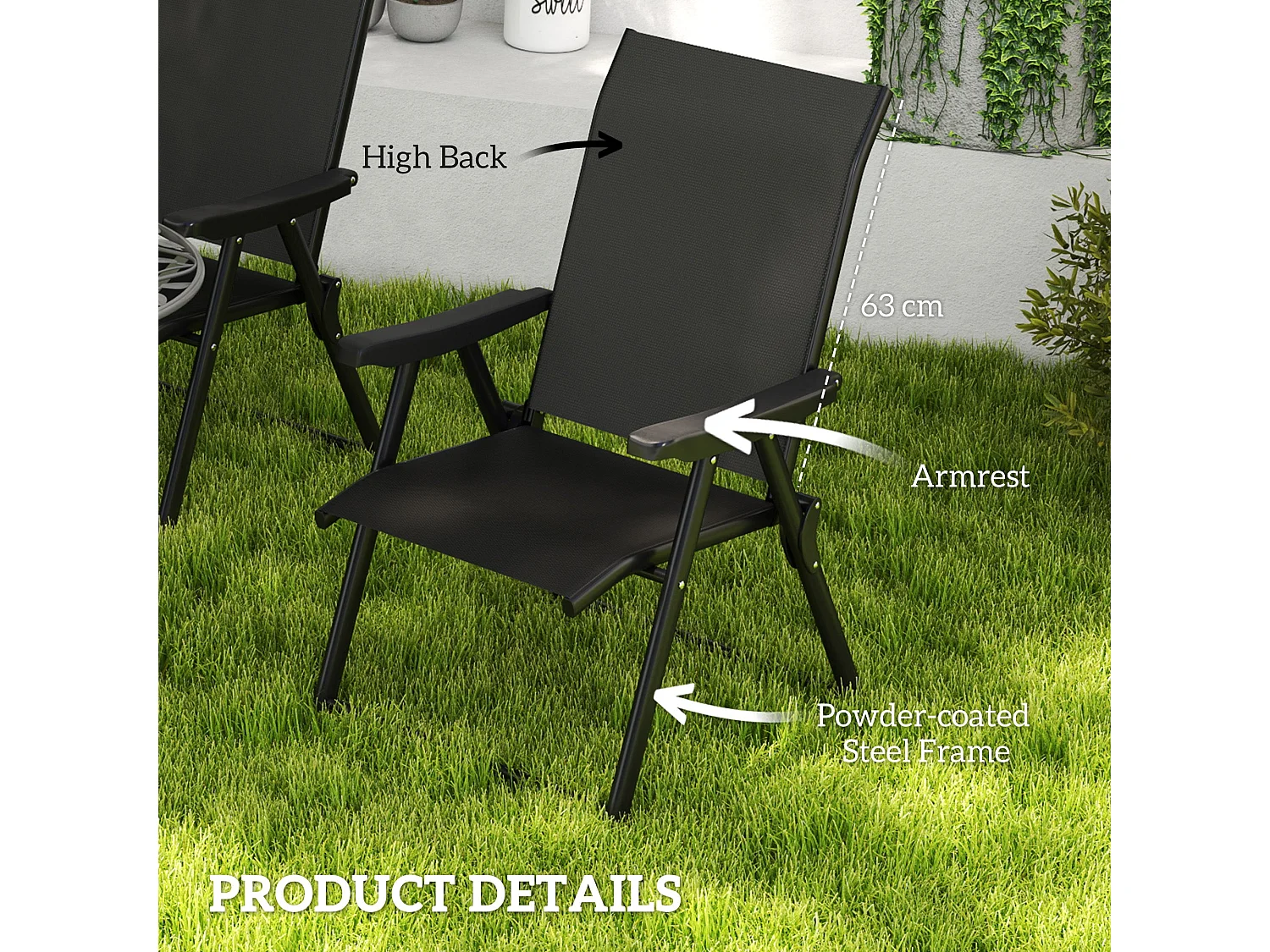 Sopazzi Set of 2 Black Folding Outdoor Chairs with Armrests