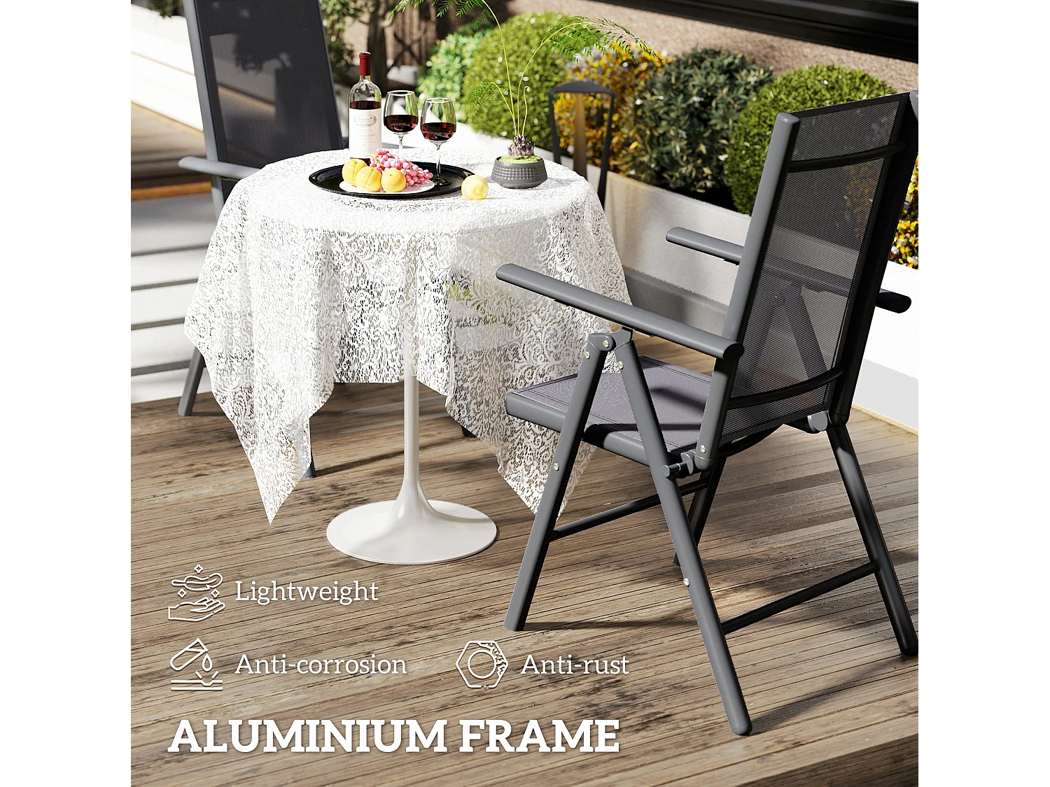 Set of 2 Dark Grey Aluminium Folding Garden Dining Chairs with Breathable Mesh