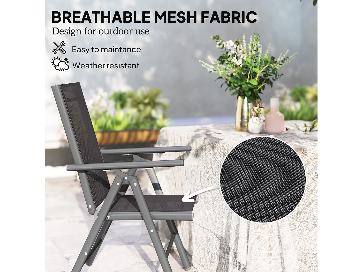 Set of 2 Dark Grey Aluminium Folding Garden Dining Chairs with Breathable Mesh