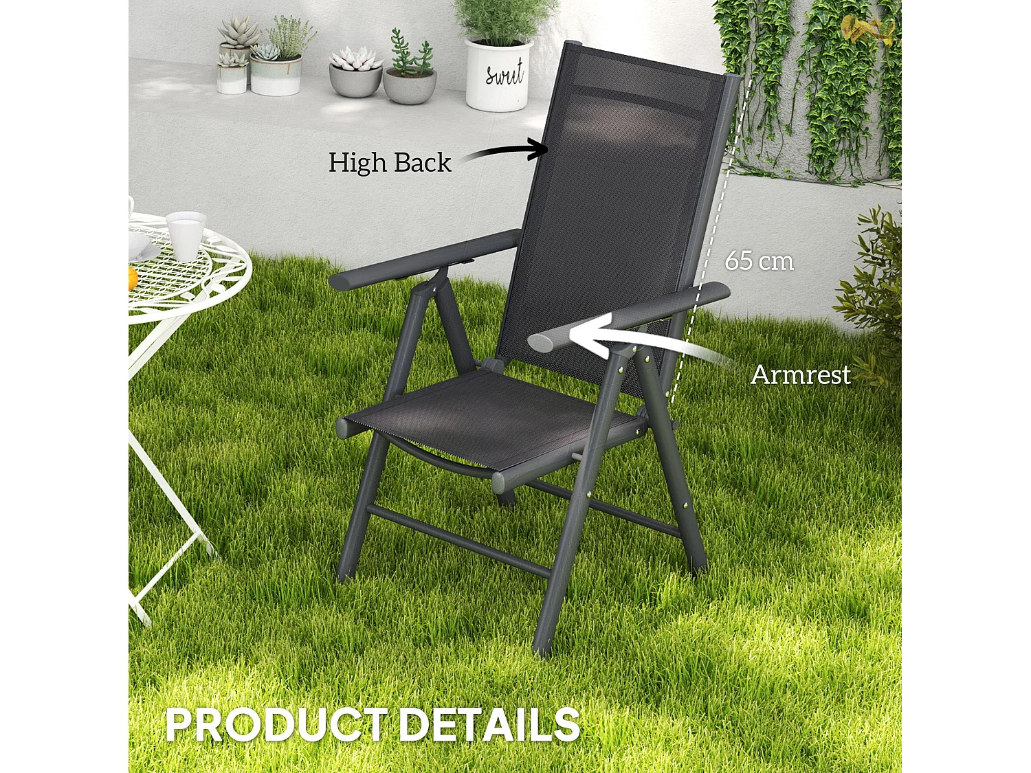 Set of 2 Dark Grey Aluminium Folding Garden Dining Chairs with Breathable Mesh