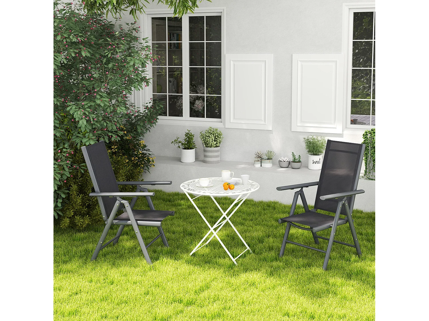 Set of 2 Dark Grey Aluminium Folding Garden Dining Chairs with Breathable Mesh