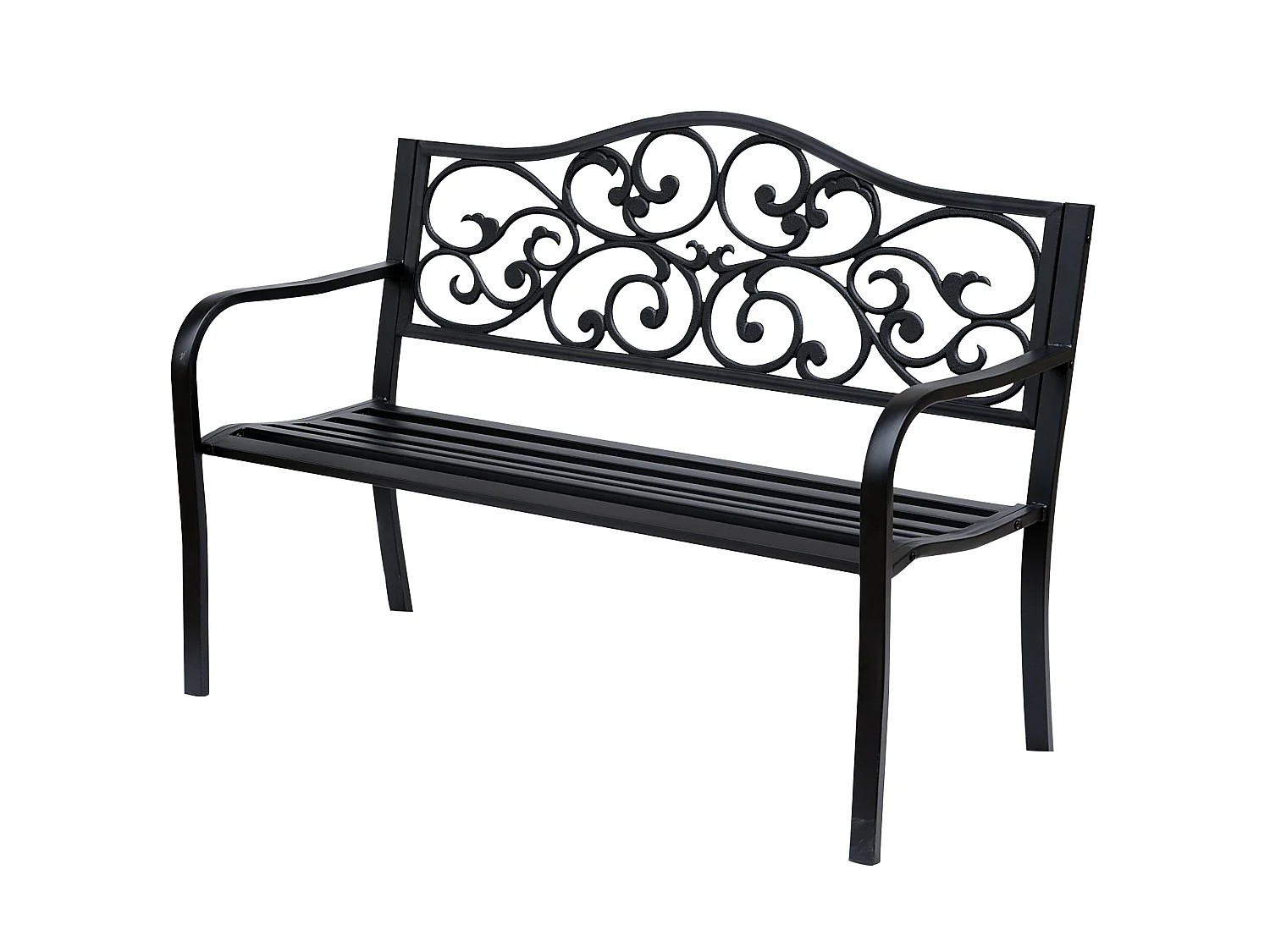 Faneso Black Metal Garden Bench 2 Seater with Floral Backrest and Armrests