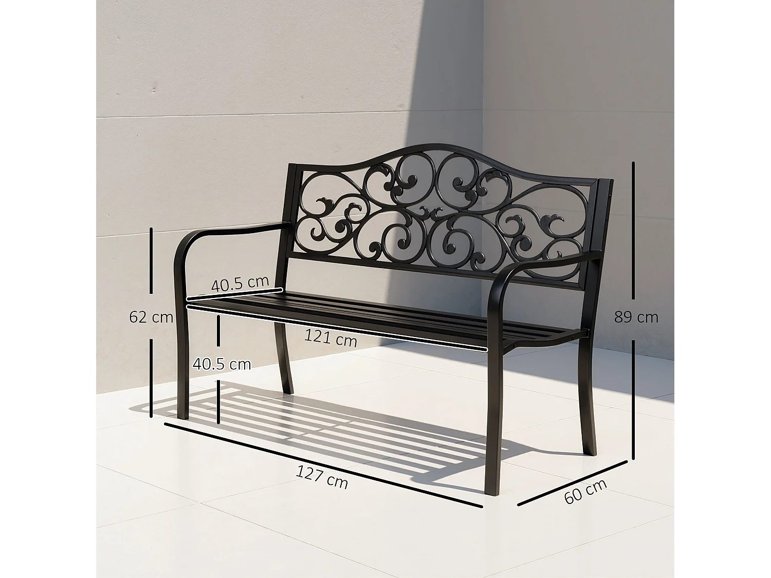 Faneso Black Metal Garden Bench 2 Seater with Floral Backrest and Armrests