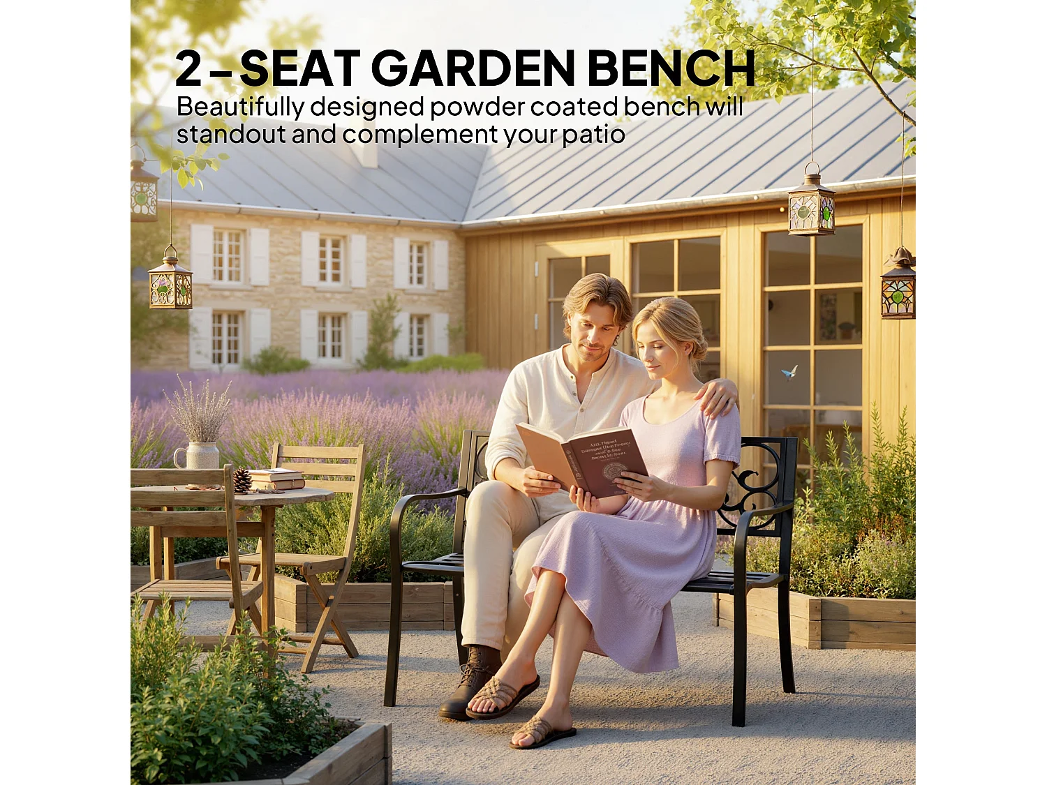 Faneso Black Metal Garden Bench 2 Seater with Floral Backrest and Armrests